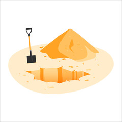 Sand hole and heap, cartoon vector icon