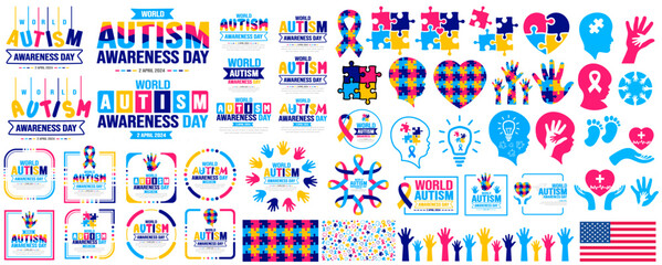 big mega set of World autism awareness day puzzle pieces, typography, sticker, puzzle pieces love, ribbon, people raising hands, autism baby head,  social media post banner, background, banner bundle.