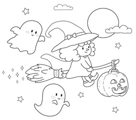 Halloween coloring page with cute little witch and ghosts. Illustration for halloween with a little cute witch, ghosts and pumpkin.