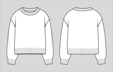 Round neck jumper. Women's oversized knit sweater. Vector technical sketch. Mockup template.