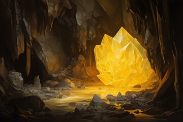 Drawing of a yellow crystal in a dim cavern. Generative AI