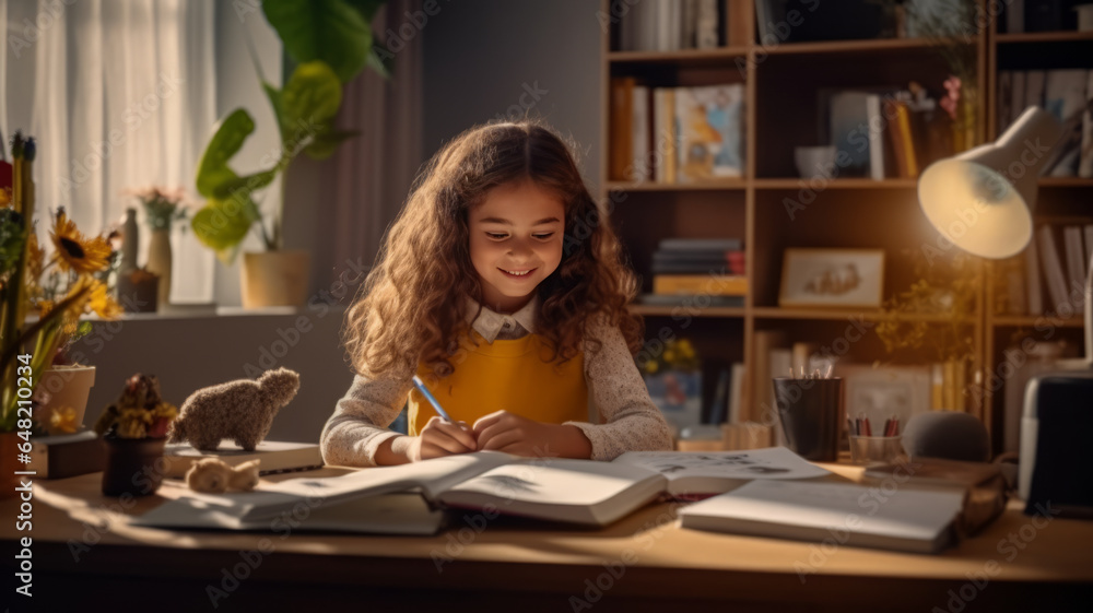 Poster smiling child school girl doing homework while sitting at desk at home.generative ai