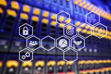 Image of multiple icons over digital clock against server racks in background. Digital composite, multiple exposure, report, business, banking, networking, technology and network server concept.