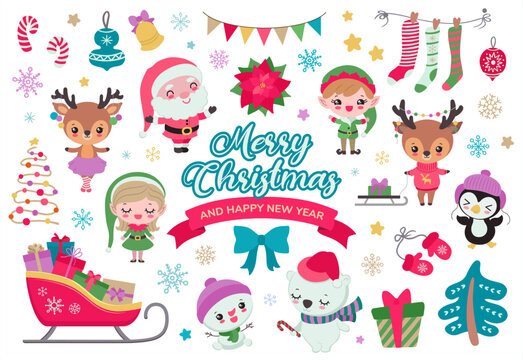 Cute Christmas clipart kawaii icon set. Xmas festive collection cartoon children vector illustration. Kawaii santa claus, christmas elves. reindeer, polar bear, penguin. Winter woodland animals.