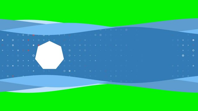 Animation of blue banner waves movement with white heptagon symbol on the left. On the background there are small white shapes. Seamless looped 4k animation on chroma key background