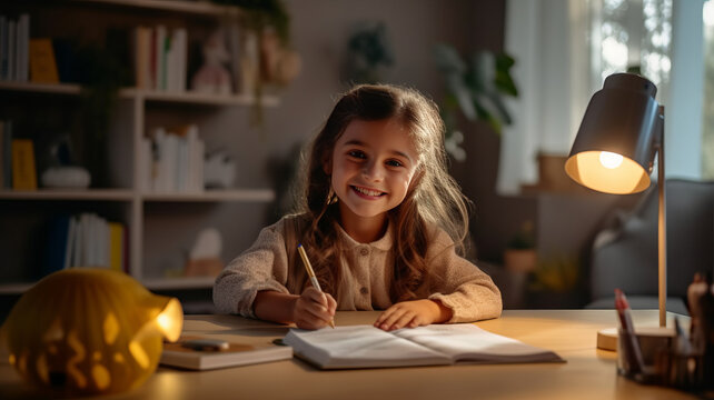 Smiling child school girl doing homework while sitting at desk at home.