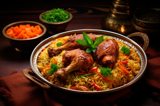 The national Saudi Arabian dish chicken kabsa with rice mandi on wooden table