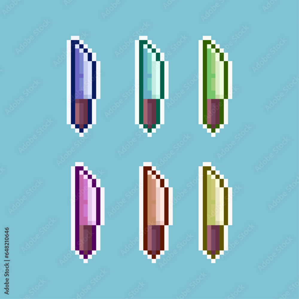 Poster pixel art sets of kitchen knife with variation color items asset. simple bits of on pixelated style.
