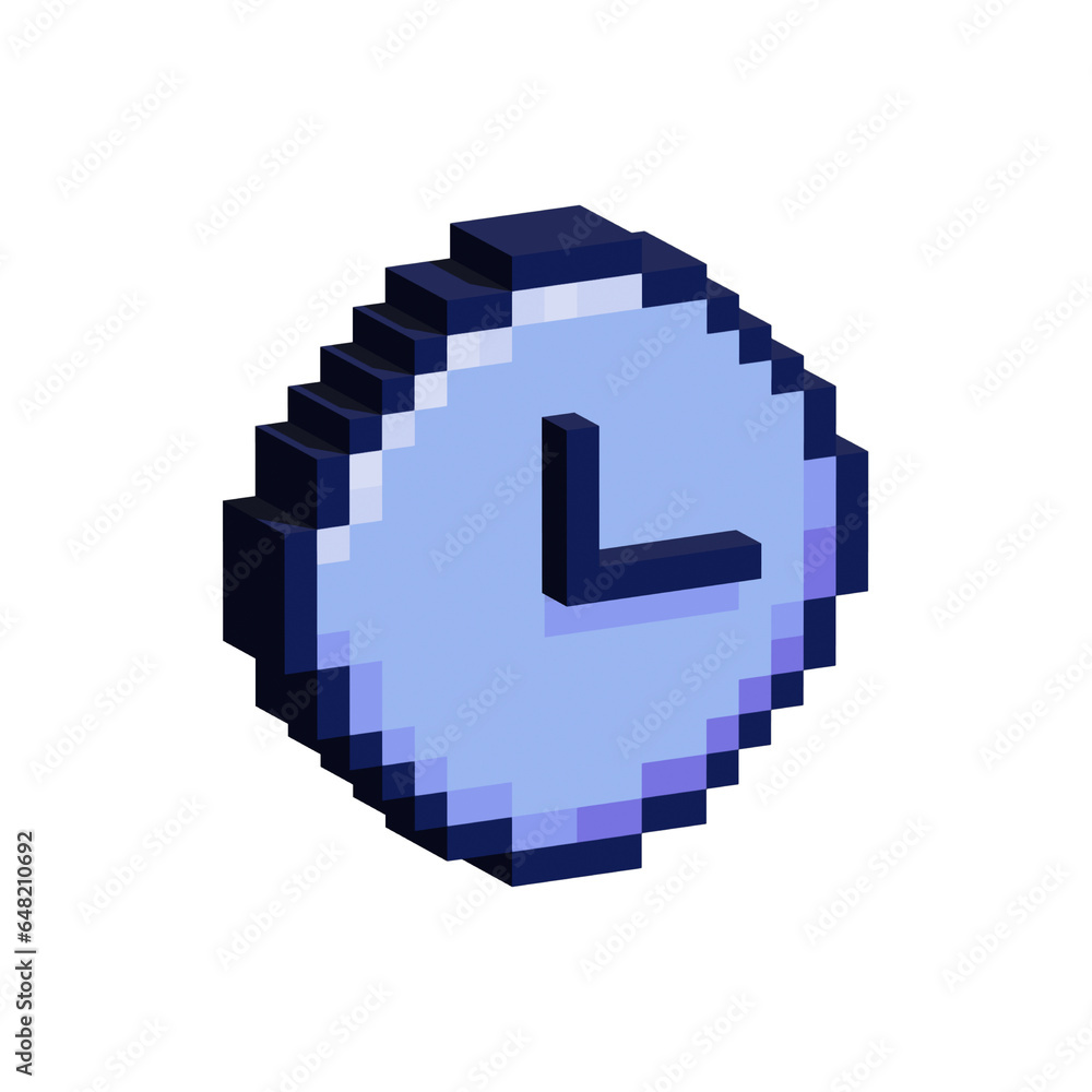 Poster isometric pixel art 3d of wall clock for items asset. simple 3d of clock for game on pixelated style