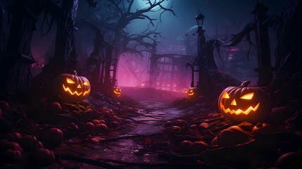Holiday event halloween banner background concept Halloween background with pumpkins and haunted house - 3D render. Halloween background with Evil Pumpkin. Spooky scary dark Night forrest. 