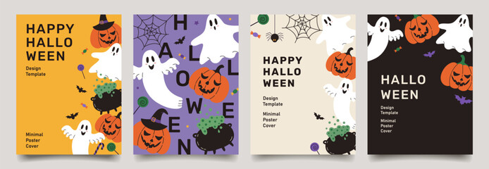Set of trendy minimal Halloween posters with funny ghosts, pumpkins, bats and modern typography. Festive background, cover, sale banner, flyer design. Template for advertising, web, social media. - obrazy, fototapety, plakaty