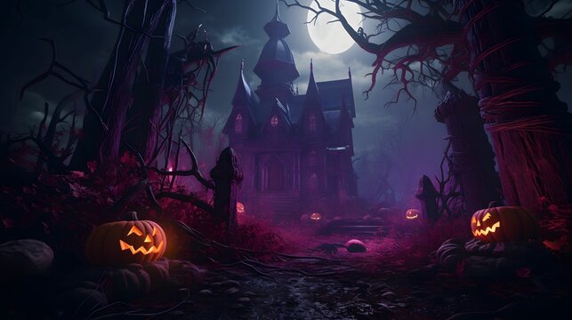 Haunted house. Halloween background with pumpkins - 3D render. Halloween background with Evil Pumpkin. Spooky scary dark Night forrest. Holiday event halloween banner background concept