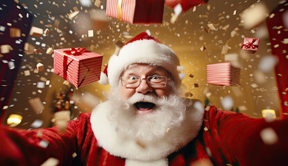 Fototapeta na wymiar Santa Claus with Christmas gifts. Surprised Santa surrounded by presents. digital ai