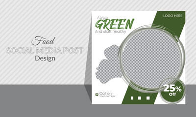 Food social media post design. Food design for restaurant. Healthy and tasty salad advertisement, discount offer. Green salad social media post. Stander size and easily editable. Unique layout.