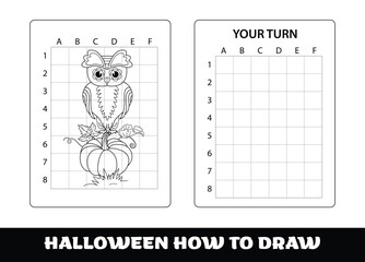 Copy the picture kids game and coloring page with halloween Owl and pumpkin. Owl education Copy the picture game for preschool children.