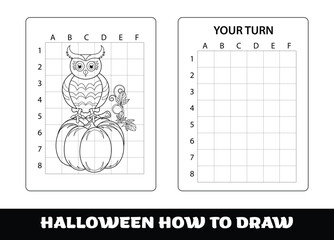 Copy the picture kids game and coloring page with halloween Owl and pumpkin. Owl education Copy the picture game for preschool children.