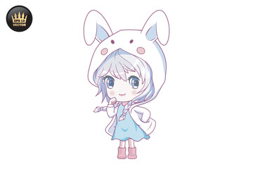 Cute girl wearing bunny hoodie cartoon