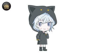 Cute girl wearing cat ear hoodie cartoon