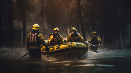 A group of firefighters using boats and other equipment to rescue people stranded in a water-related emergency, such as a flood or a capsized boat.