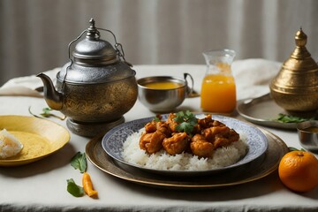 a table setting with Indian food and a lantern.