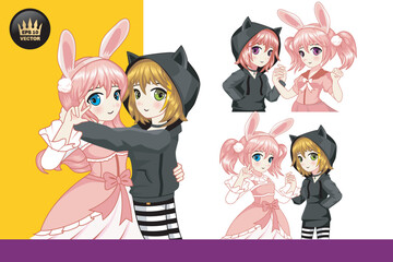illustration cartoon cute girl friendship rabbit and cat
