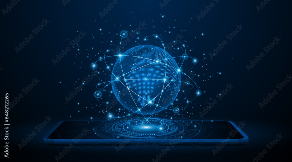 Poster Global connection network background. World map set on a tablet or smartphone. Internet technology concept, wireless network or global communication
