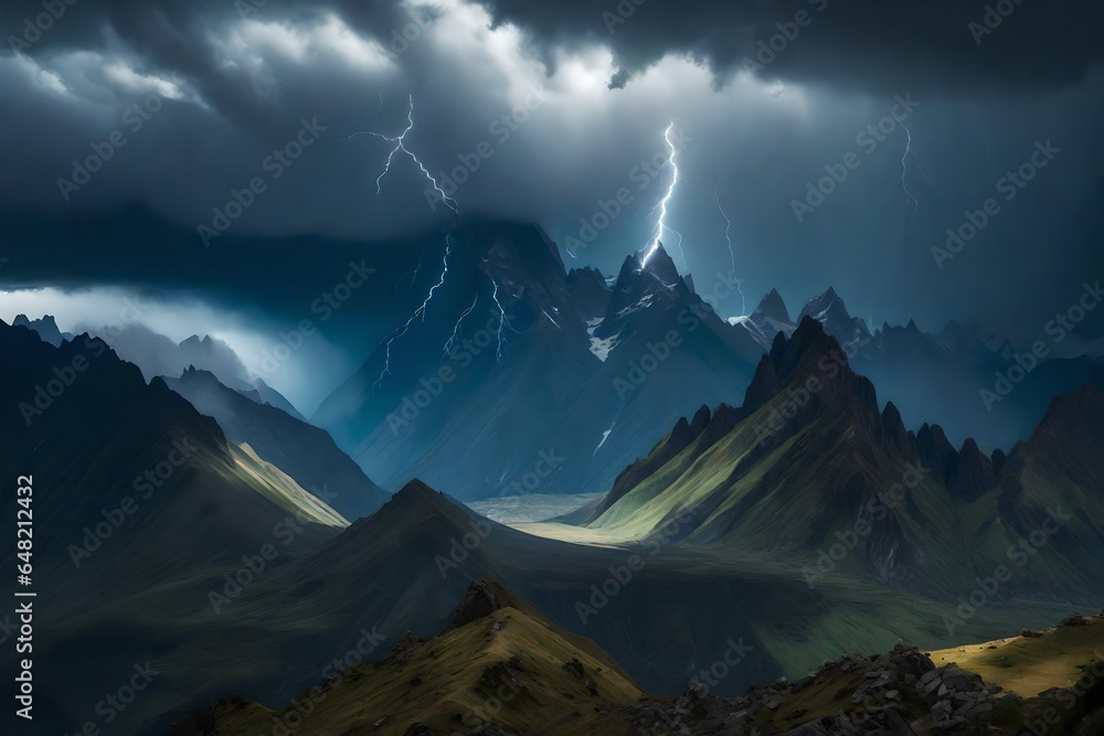 Aufkleber a hyper-realistic scene of the a mountain range in during a thunderstorm - ai generative