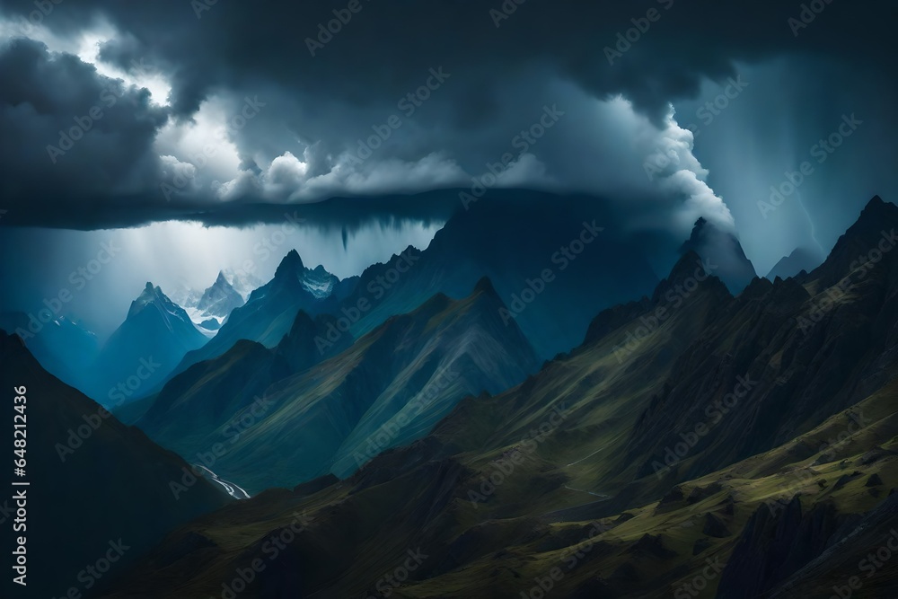 Aufkleber a hyper-realistic scene of the a mountain range in during a thunderstorm - ai generative
