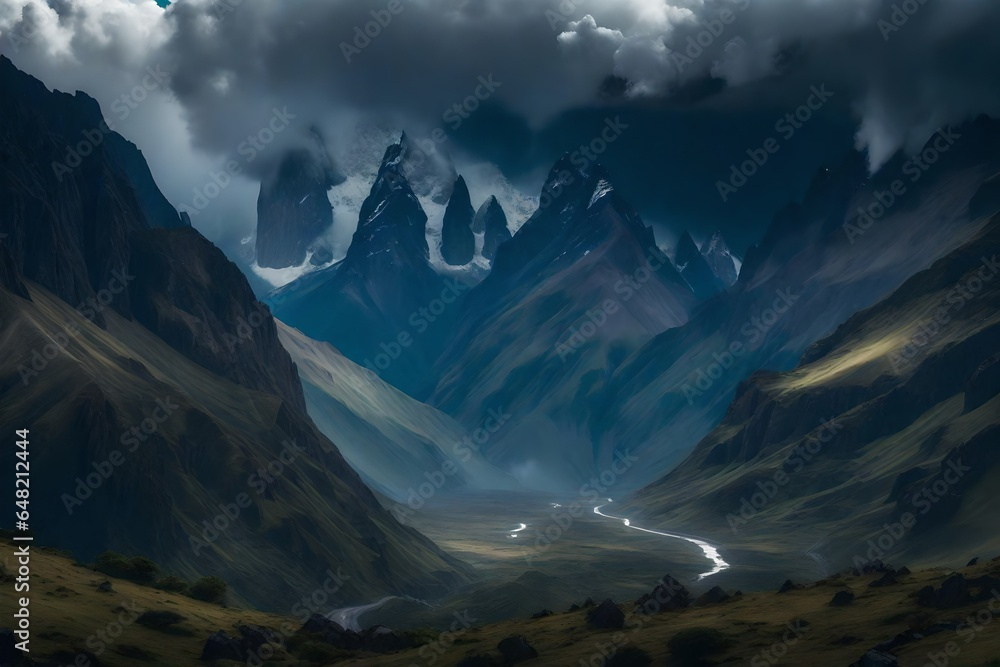Aufkleber a hyper-realistic scene of the a mountain range in during a thunderstorm - ai generative