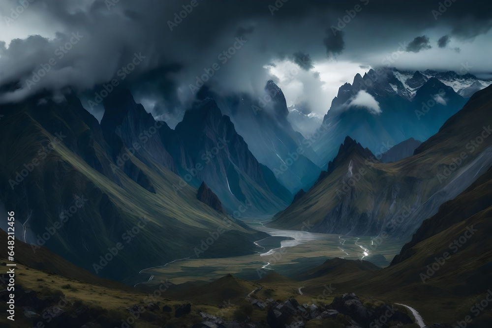 Aufkleber a hyper-realistic scene of the a mountain range in during a thunderstorm - ai generative