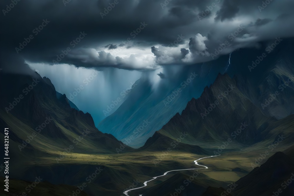 Poster a hyper-realistic scene of the a mountain range in during a thunderstorm - ai generative