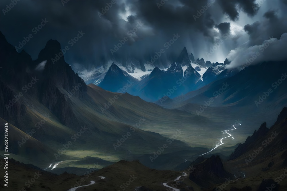Poster a hyper-realistic scene of the a mountain range in during a thunderstorm - ai generative