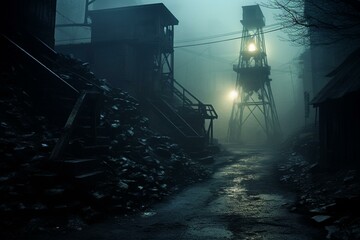a foggy coal mine shaft in the mining industry. Generative AI - obrazy, fototapety, plakaty