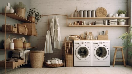 Modern washing machine and shelving unit in laundry room interior. - obrazy, fototapety, plakaty