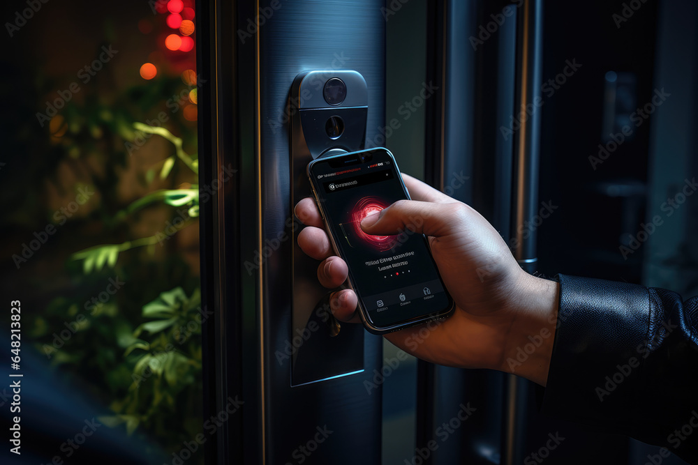 Poster a close-up of a person's hand using a smartphone to lock or unlock their smart door lock remotely. g