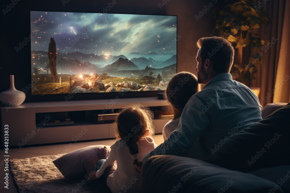 Poster a family enjoying movie night with a large smart tv and streaming content from various platforms. ge