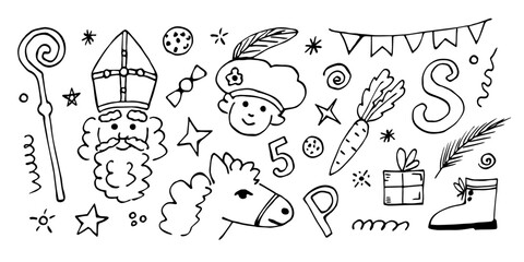 Simple hand drawn symbol set, St. Nicholas Day celebration. Sinterklaas, traditional holiday. Ink sketch, doodle drawing.