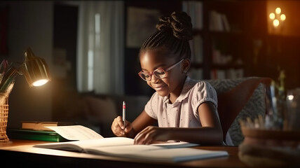 Happy african american child school girl doing homework while sitting at desk at home