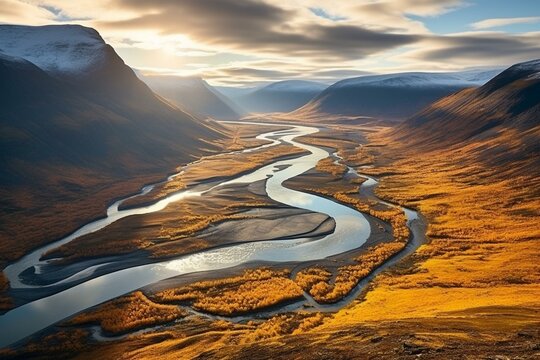 Stunning arctic valley in golden morning light. Remote rapa river valley from skierfe summit in sarek national park, Swedish Lapland. Autumn colors. Generative AI