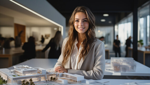 Joven chica estudiante de arquitectura presentando su proyecto de arquitectura. 
Maqueta y boceto en sala de estudiantes en la universidad.Ia generado.