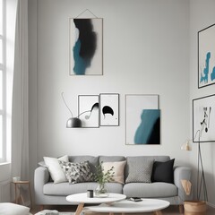 Modern luxury with a living room design that features a sleek white sofa adorned with plush pillows and a cozy blanket. Against the backdrop of a clean white wall, an abstract art poster