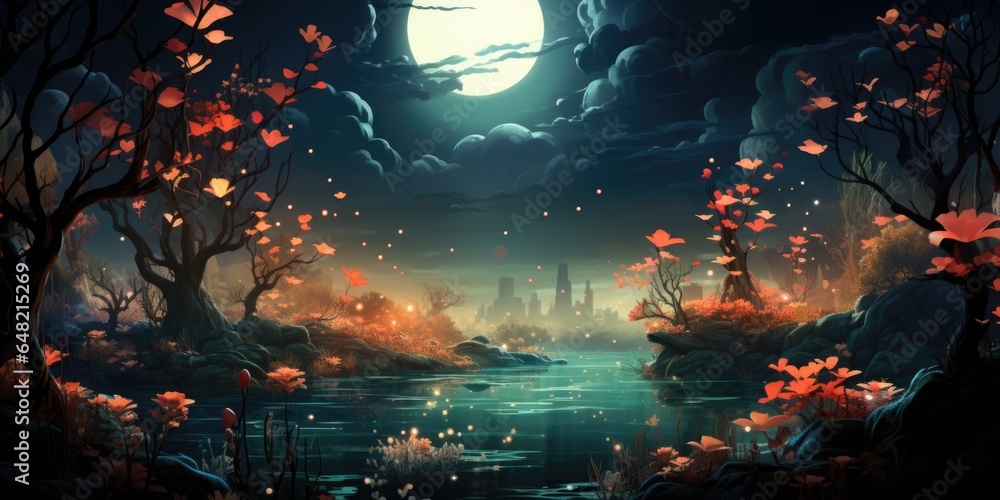 Poster a painting of a forest with a full moon in the background. generative ai image.