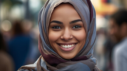 photograph of Smiling ethnic young woman in hijab. telephoto lens realistic natural lighting Generative AI. - obrazy, fototapety, plakaty