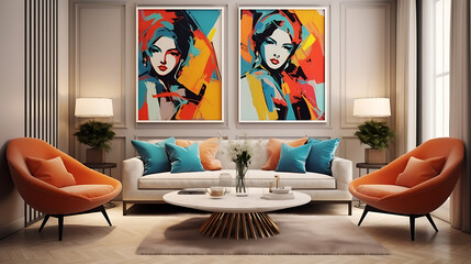 Pop Art Inspired Modern Living Room: Beige Sofas and Bold Design
