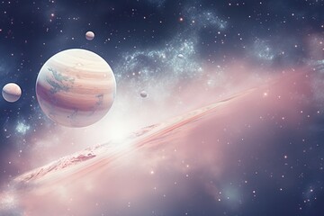 Naklejka premium a digital illustration of a planet and its moons in a pastel background.