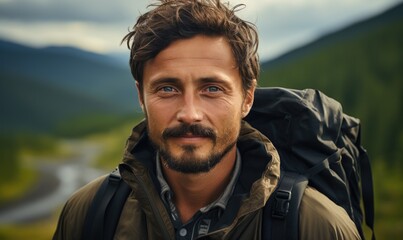 Obraz premium A close-up portrait of a young man in a jacket with backpack hiking in the Scandinavian mountains during an overcast autumn day.
