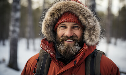 Fototapeta premium Winter hike on forest in snow. Portrait of handsome bearded nordic man with backpack. Beautiful snowy forest landscape.