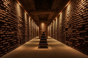 Wine collection with corks in unique brick openings inside Slovenian cellar. Generative AI