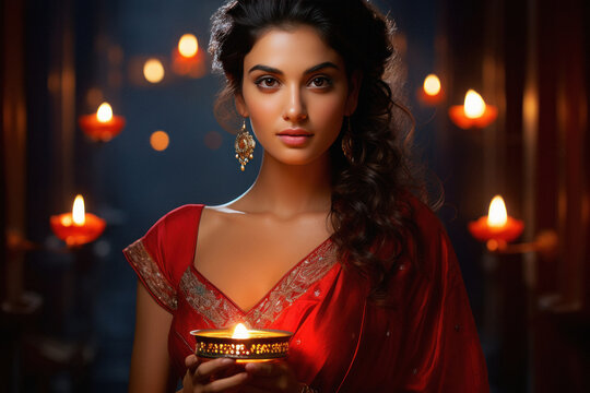 Indian woman holding diya or oil lamp in hand. diwali festival concept.