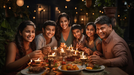 Indian family celebrating diwali festival together at home.